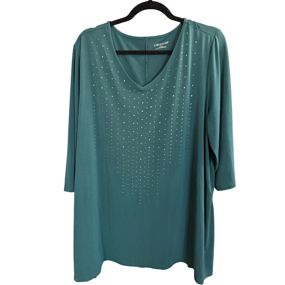 Catherines Tunic Top Green 1X/18 Embellished Feminine Holiday Mature Sparkly
